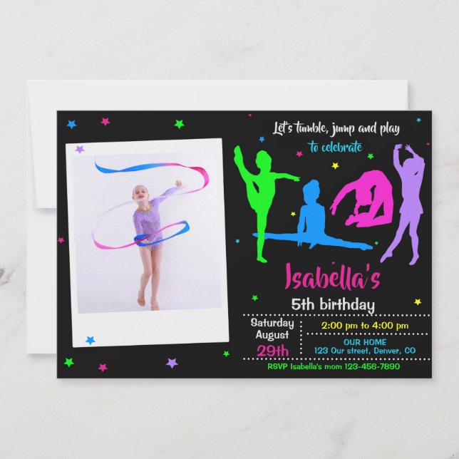 Photo Gymnastics birthday invitation Tumble play (Front)