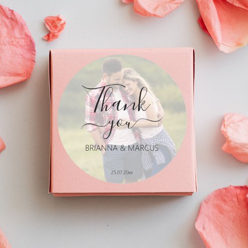 Photo half transparent simple wedding thank you  classic round sticker