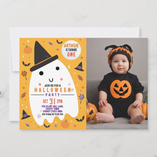 Photo Halloween Birthday Happy Ghost Invitation (Front)