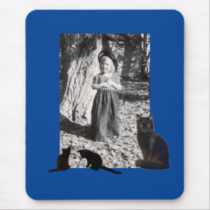 Photo Halloween Costumed Child Black Cats on Blue Mouse Pad