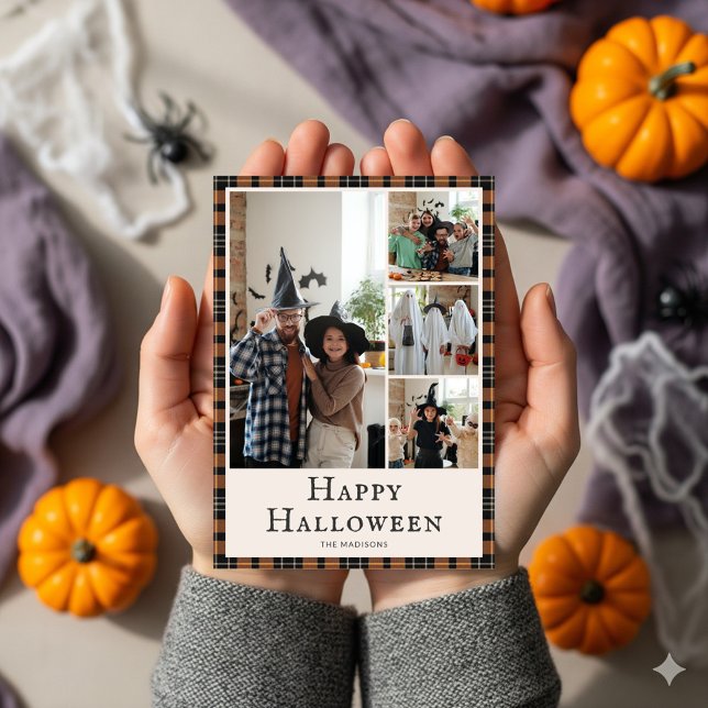 Photo Halloween Plaid Tartan Orange Black Holiday Card (Creator Uploaded)