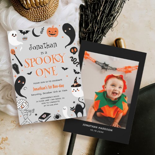 Photo Halloween Spooky One Boy 1st Birthday Invitation