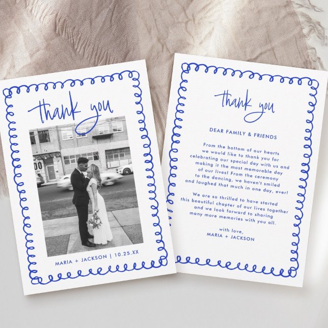Photo Hand Drawn French Blue Wedding Thank You Card (Creator Uploaded)