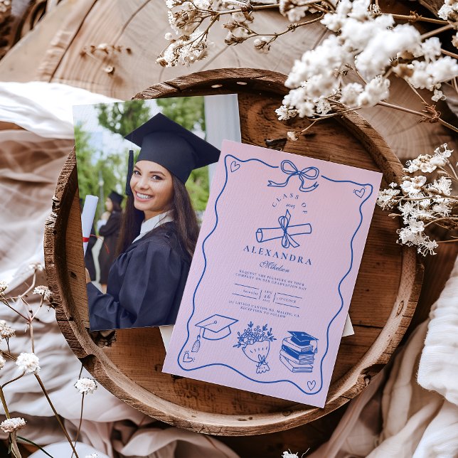 Photo Hand Drawn Illustrated Pink & Blue Grad Invitation (Creator Uploaded)