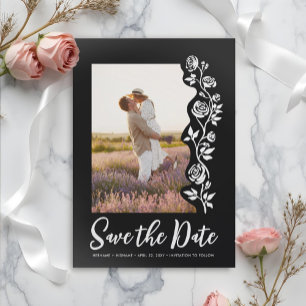 Photo Hand Drawn Roses Black White Romantic Simple Save The Date