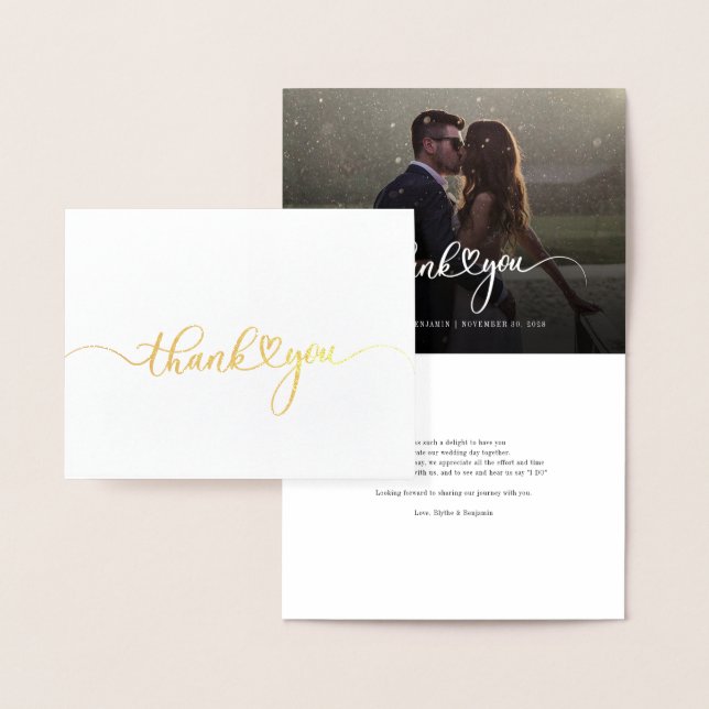Photo Hand-Lettered Wedding Thank You Gold Foil Card (Display)