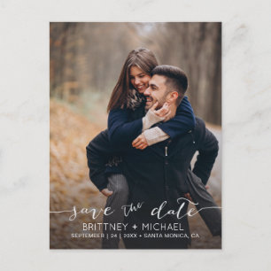 Photo Handwritten Minimal White Save the Date Announcement Postcard
