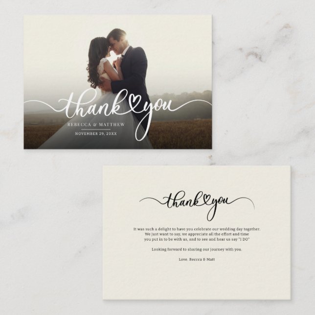 Photo Handwritten Modern Wedding Thank You Note Card (Front/Back)