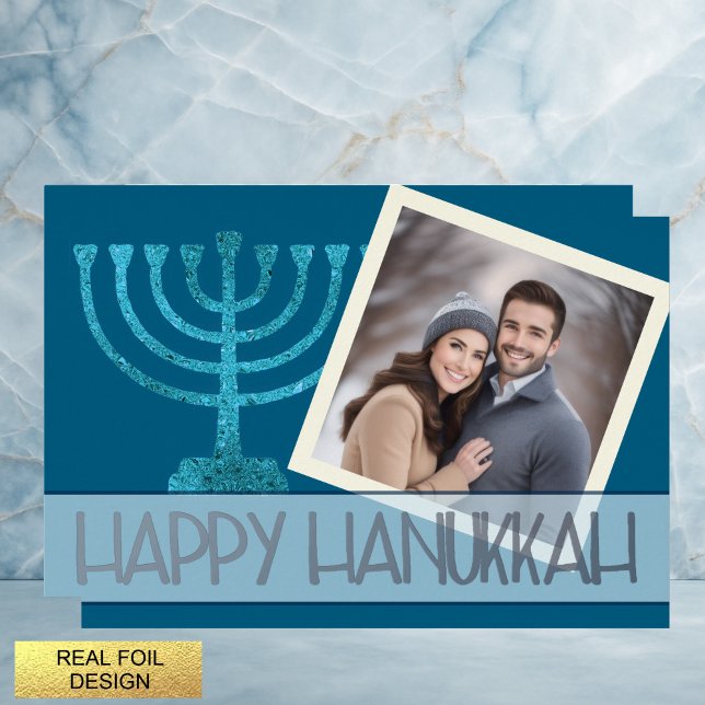 Photo Hanukkah Blue White Gold Menorah Glitter Foil Holiday Card (Creator Uploaded)