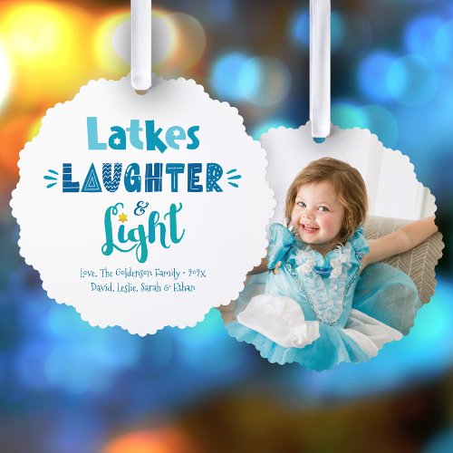 Photo Hanukkah Latkes Laughter Light Typography Ornament Card