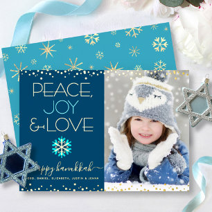 Photo Hanukkah Peace Joy Love Snowflake Real Gold Foil Holiday Card