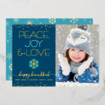 Photo Hanukkah Peace Joy Love Snowflake Real Gold Foil Holiday Card<br><div class="desc">“Peace, joy & love.” A fun, playful, real gold foil and turquoise blue snowflake illustration, real gold foil confetti dots, and real gold foil and turquoise modern typography on a navy blue background, along with the custom photo of your choice, help you usher in the Hanukkah season. A random faux...</div>