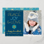 Photo Hanukkah Peace Joy Love Snowflake Real Gold Foil Holiday Card<br><div class="desc">“Peace, joy & love.” A fun, playful, real gold foil and turquoise blue snowflake illustration, real gold foil confetti dots, and real gold foil and turquoise modern typography on a navy blue background, along with the custom photo of your choice, help you usher in the Hanukkah season. A random faux...</div>