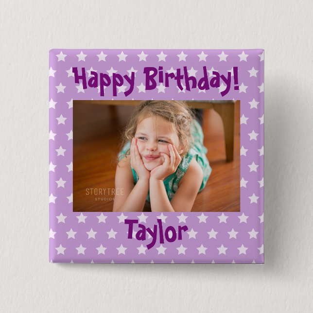 Photo Happy Birthday Purple and White Stars Pinback Button (Front)