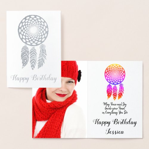 Photo Happy Birthday Silver Foil Feathers Card