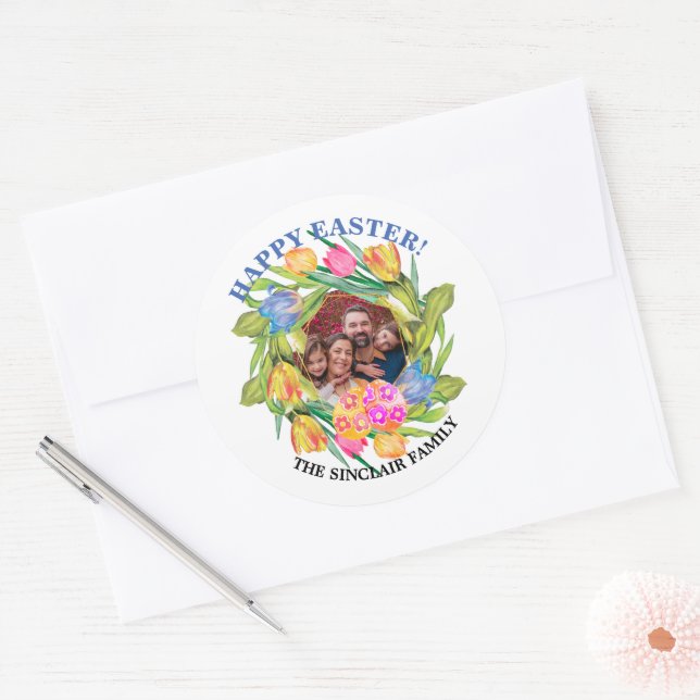 Photo Happy Easter Classic Round Sticker (Envelope)