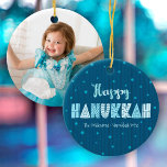 Photo Happy Hanukkah Fun Typography Star of David  Ceramic Ornament<br><div class="desc">“Happy Hanukkah.” Fun, whimsical handcrafted typography along with a random Star of David pattern in light dusty blues all overlaying midnight navy blue hand drawn lines and a dark teal blue background help you usher in the festival of lights. The photo or your choice adorns the back. Feel the warmth...</div>