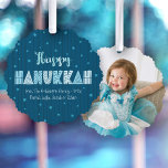 Photo Happy Hanukkah Fun Typography Star of David Ornament Card<br><div class="desc">“Happy Hanukkah.” Feel the warmth and joy of the holiday season while ushering in the festival of lights with this playful, keepsake paper ornament card. Fun, whimsical handcrafted typography along with a random Star of David pattern in light dusty blues overlay midnight navy blue hand drawn lines and a dark...</div>