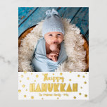 Photo Happy Hanukkah Modern Whimsical Real Gold Foil Holiday Postcard<br><div class="desc">“Happy Hanukkah.” Fun, playful, whimsical handcrafted real gold foil typography and a random Star of David pattern overlay a clean, white background. Add the photo of your choice and help usher in Hanukkah with this stunning, colorful, personalized real gold foil greeting postcard. Your custom note, typed or handwritten, is on...</div>