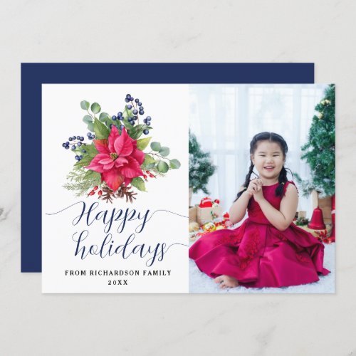 Photo Happy Holidays Elegant Poinsettia Flat Card