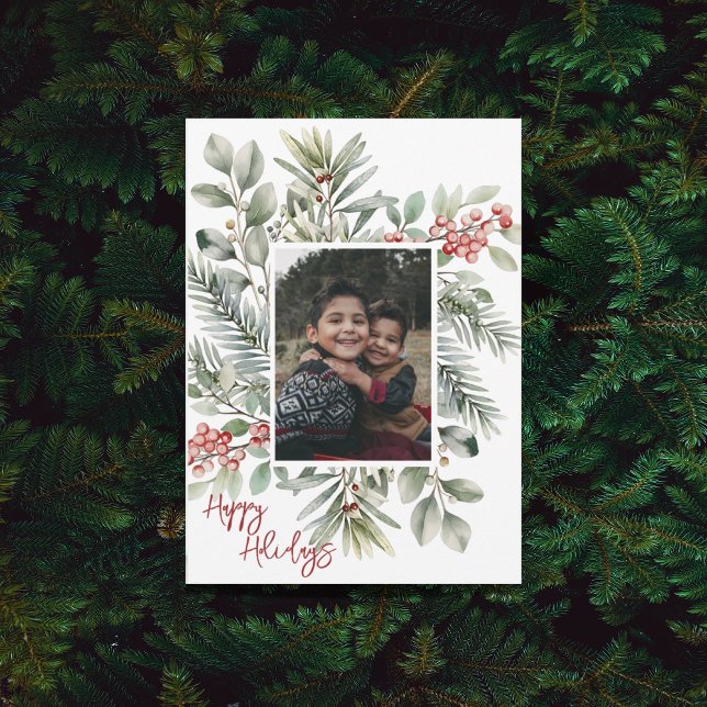 Photo Happy Holidays Pine Holly Red Holiday Card (Creator Uploaded)