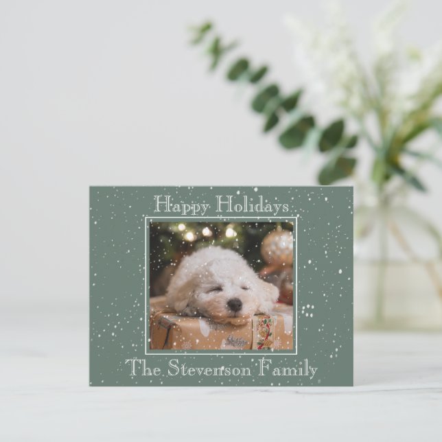 Photo Happy Holidays Snow Overlay Budget Green Holiday Postcard (Standing Front)
