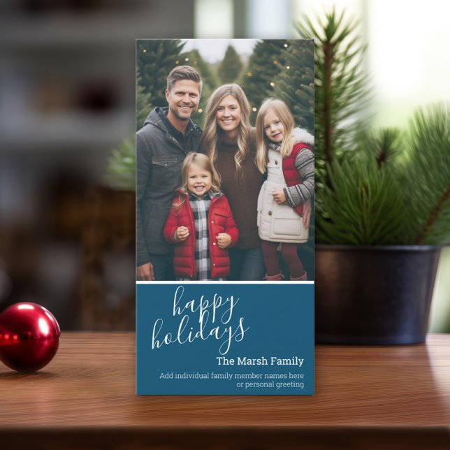 Photo - Happy Holidays with 1 large photo Blue Holiday Card (Online Christmas card template, minimal design with one vertical photo. Download option available)