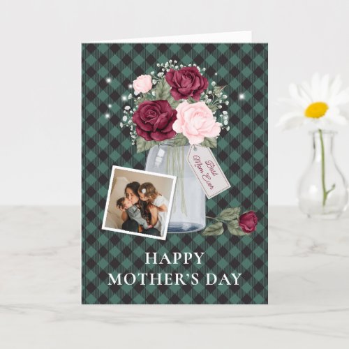 Photo Happy Mothers Day Green Plaid Floral Card