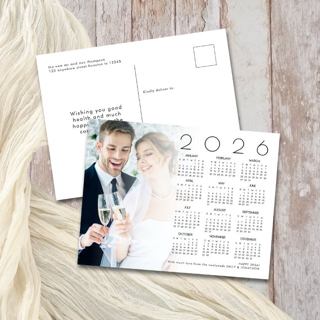 Photo Happy New Year 2026 Calendar Newlyweds Holiday Postcard (Front and back view)