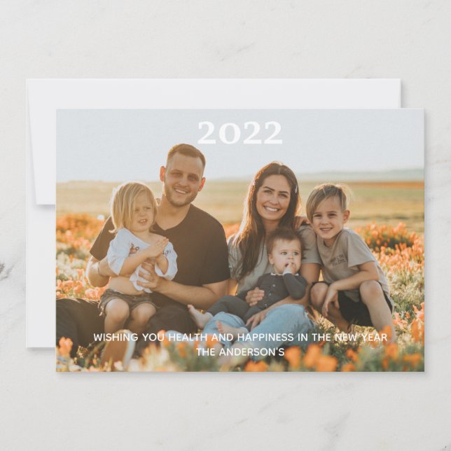 Photo Happy New Year Personalized White Typography Holiday Card (Front)