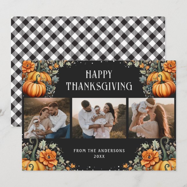 Photo Happy Thanksgiving Card Pumpkins Floral  (Front/Back)