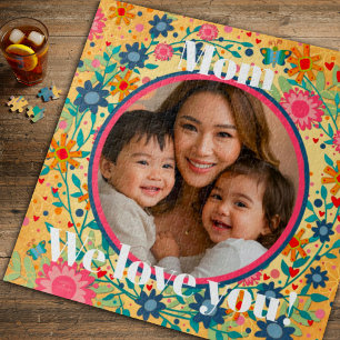 Photo Heart Flowers Pink Yellow Pretty Mom Jigsaw Puzzle