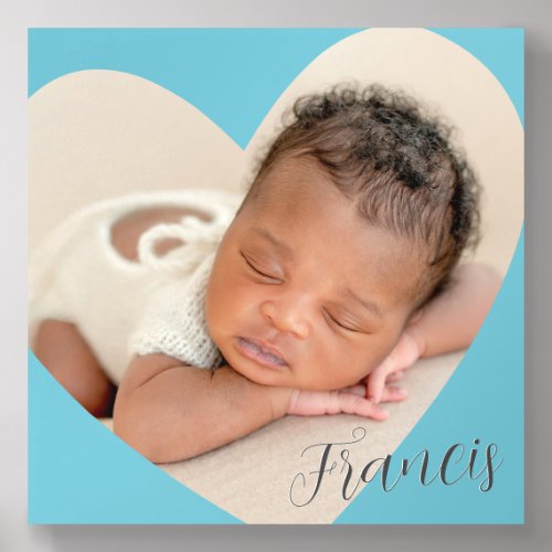 PHOTO HEART FRAME modern baby name aqua boy Acrylic Photo Tile