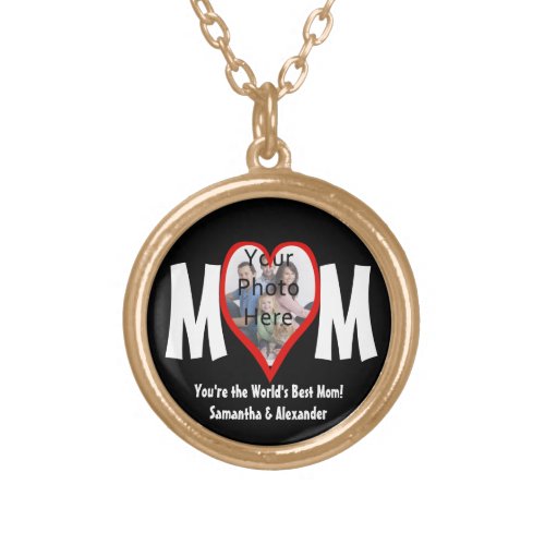 Photo Heart Frame MOM BlackWhiteRed Personalized Gold Plated Necklace