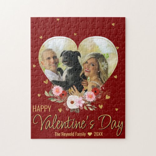 Photo Heart Gold Glitter Heart Valentines Day Red Jigsaw Puzzle