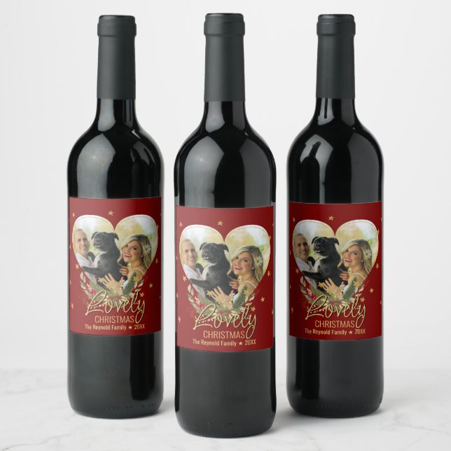 Photo Heart Gold Glitter Star Lovely Christmas Red Wine Label (Bottles)
