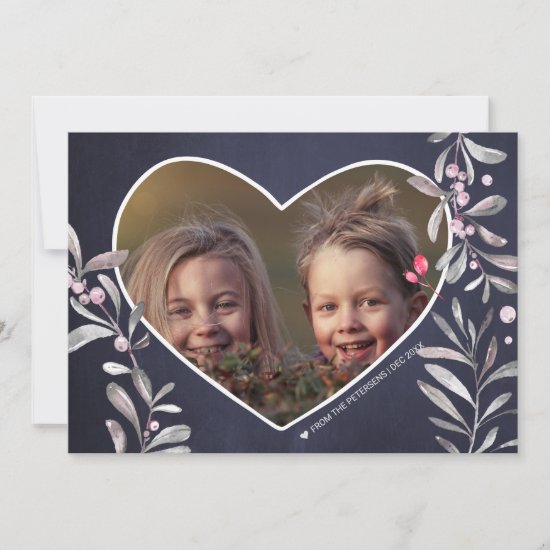 PHOTO Heart Holy Berry Silver Grey Foliage Navy Holiday Card