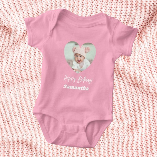 Photo heart name birthday baby girl pink bodysuit (Creator Uploaded)
