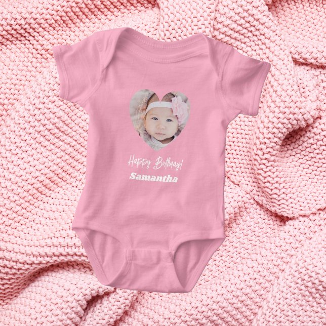 Photo heart name birthday girl pink baby bodysuit (Creator Uploaded)