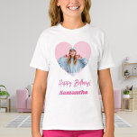 Photo heart name birthday girl pink T-Shirt<br><div class="desc">Personalize and add a name and a photo inside the heart shaped frame. Pink text.</div>