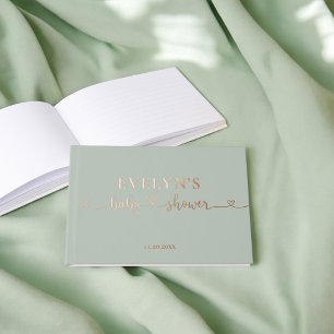 Photo Heart Script Baby Shower Sage Green Foil Guest Book
