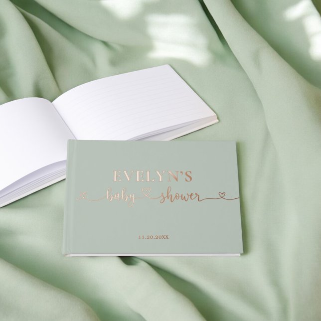 Photo Heart Script Baby Shower Sage Green Foil Guest Book (Creator Uploaded)