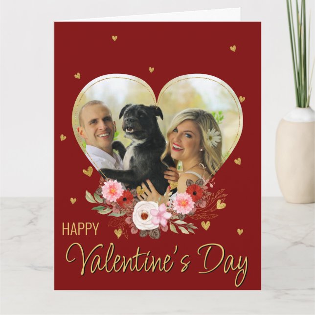 Photo Heart Valentine's Day Gold Glitter Heart Red Card (Front)