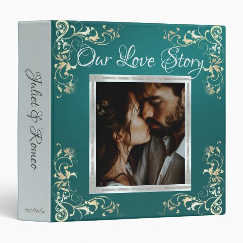 Photo &amp; Heart Wedding Album - Teal 3 Ring Binder