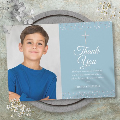 Photo Hearts Confetti First Holy Communion Thank You Card