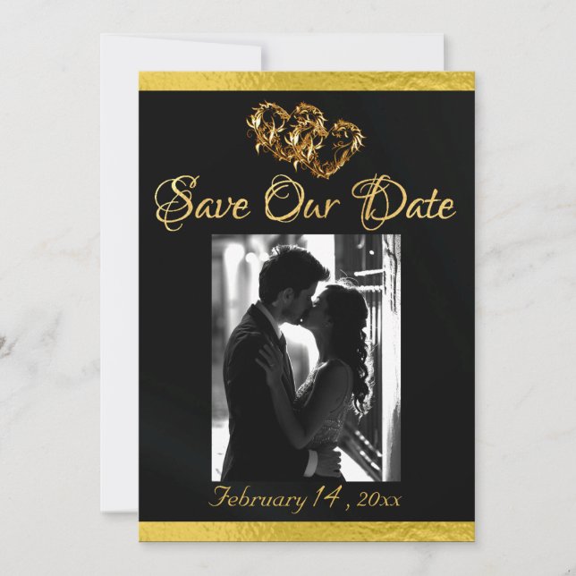 Photo, Hearts & Ribbon - Black/Gold Save The Date (Front)