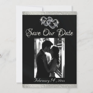 Photo, Hearts & Ribbon - Black/Silver Save The Date