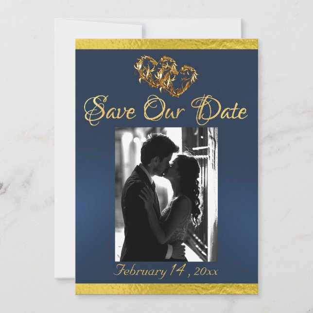 Photo, Hearts & Ribbon - Blue/Gold Save The Date (Front)