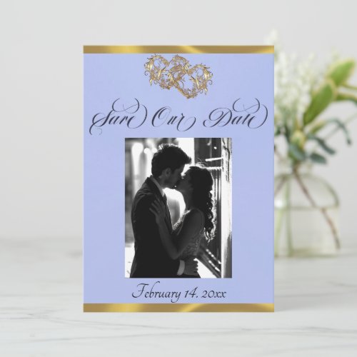 Photo, Hearts & Ribbon - Blue Pearl/Gold Save The Date