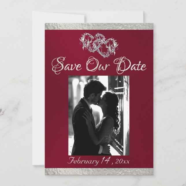 Photo, Hearts & Ribbon - Burgundy/Silver Save The Date (Front)